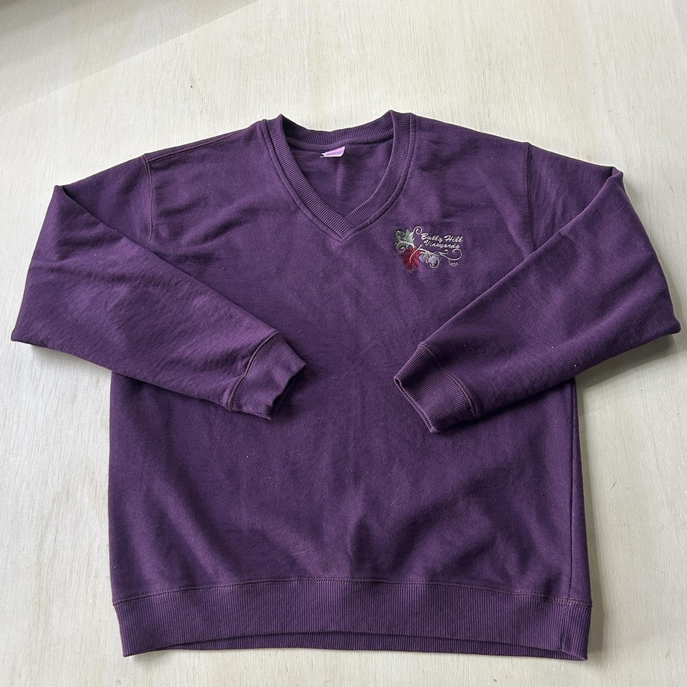 Bully Hill Vineyards Shirt Womens Large Purple LAT V Neck Embroidered Pullover